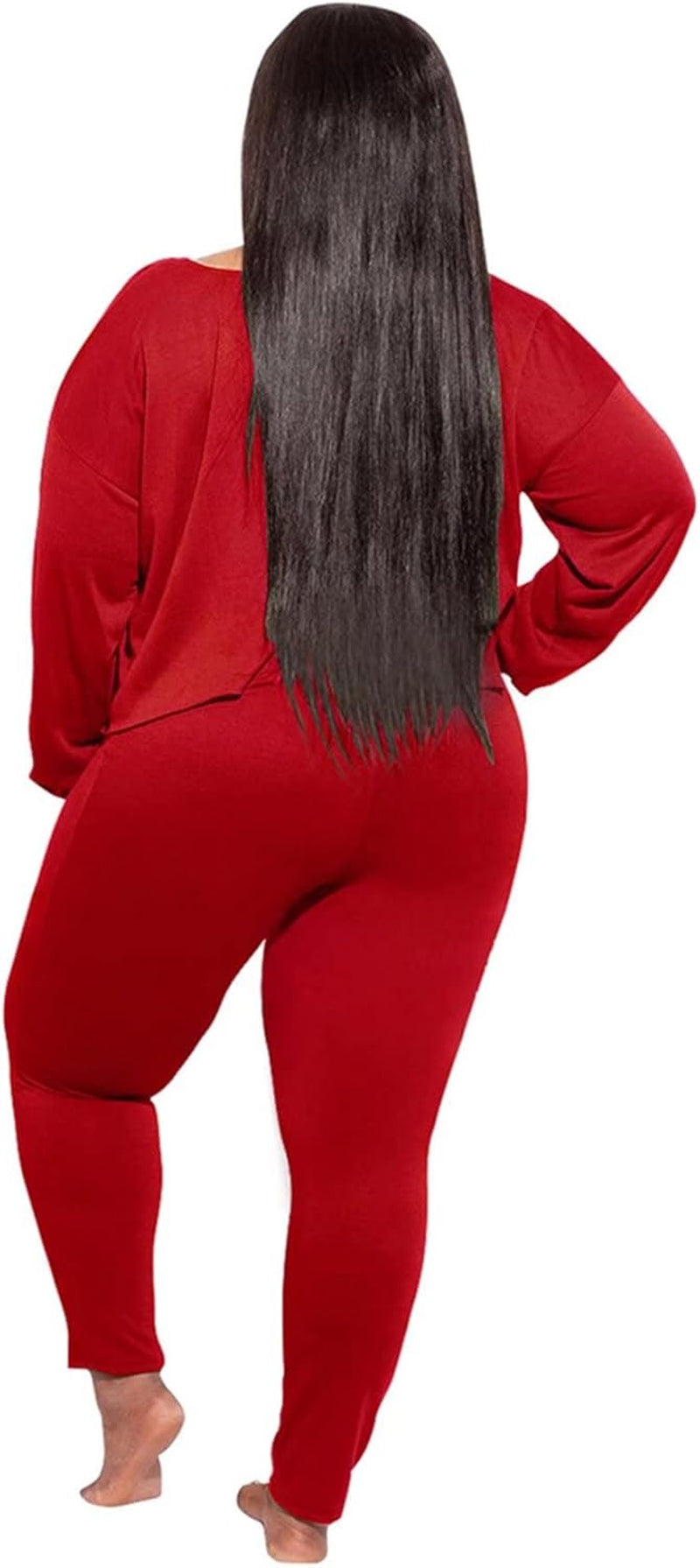 Plus Size 2 Piece Outfits for Women Sexy Clubwear off Shoulder Long Sleeve Shirt Bodycon Pants Sets Tracksuit Casual Red XXL