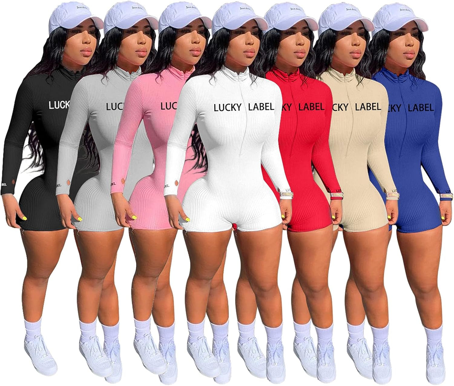Women Bodycon Jumpsuit Rompers Sexy Long Sleeve Zipper Rib Thumb Hole Stretchy 1 Piece Outfits Bodysuit Beige 2X