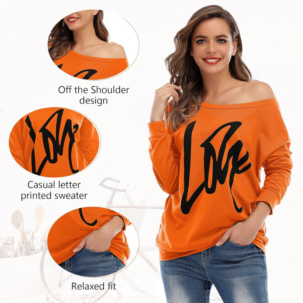 Womens Sweatshirt Love Letter Printed Long Sleeve Pullover off Shoulder Shirt Oversized Top
