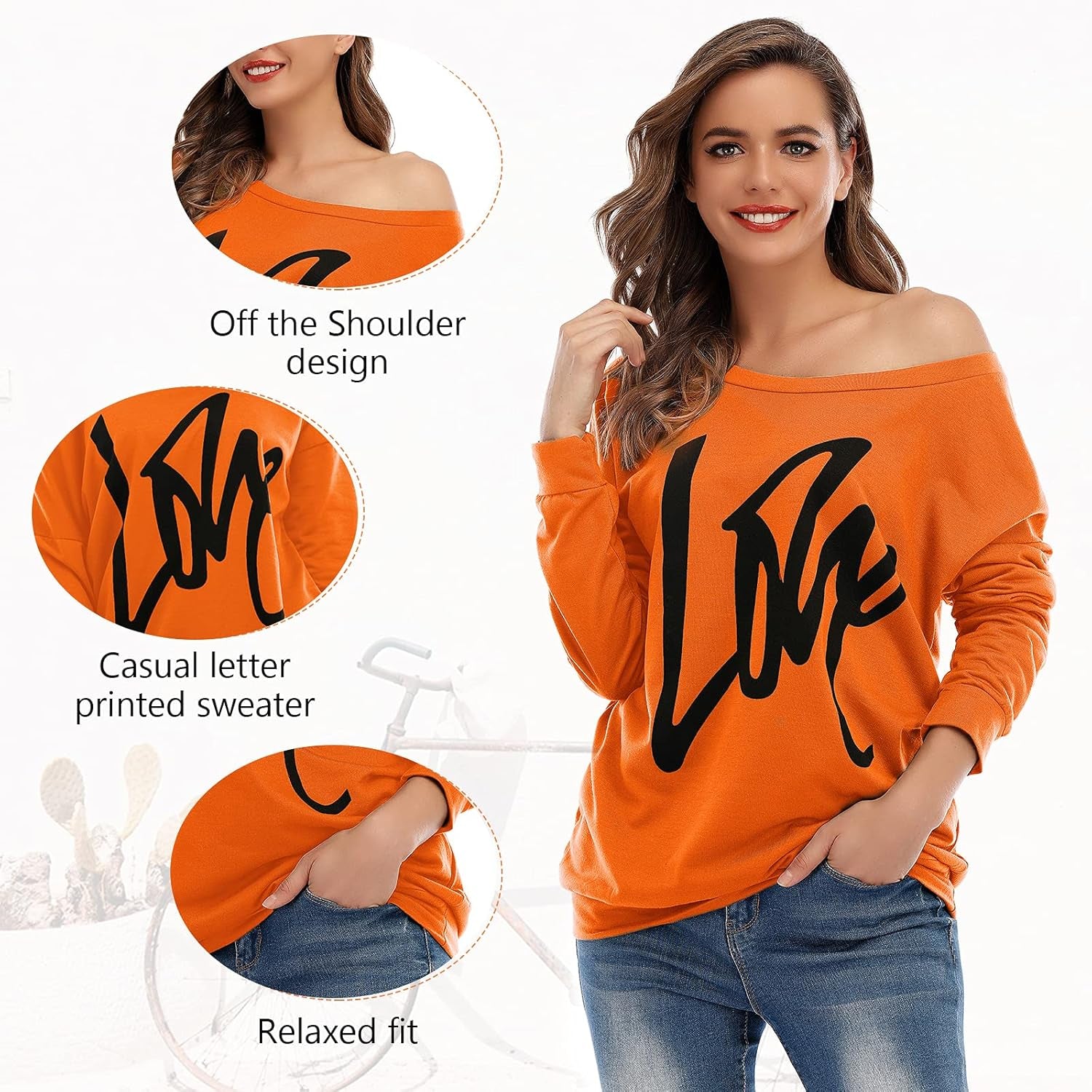 Womens Sweatshirt Love Letter Printed Long Sleeve Pullover off Shoulder Shirt Oversized Top