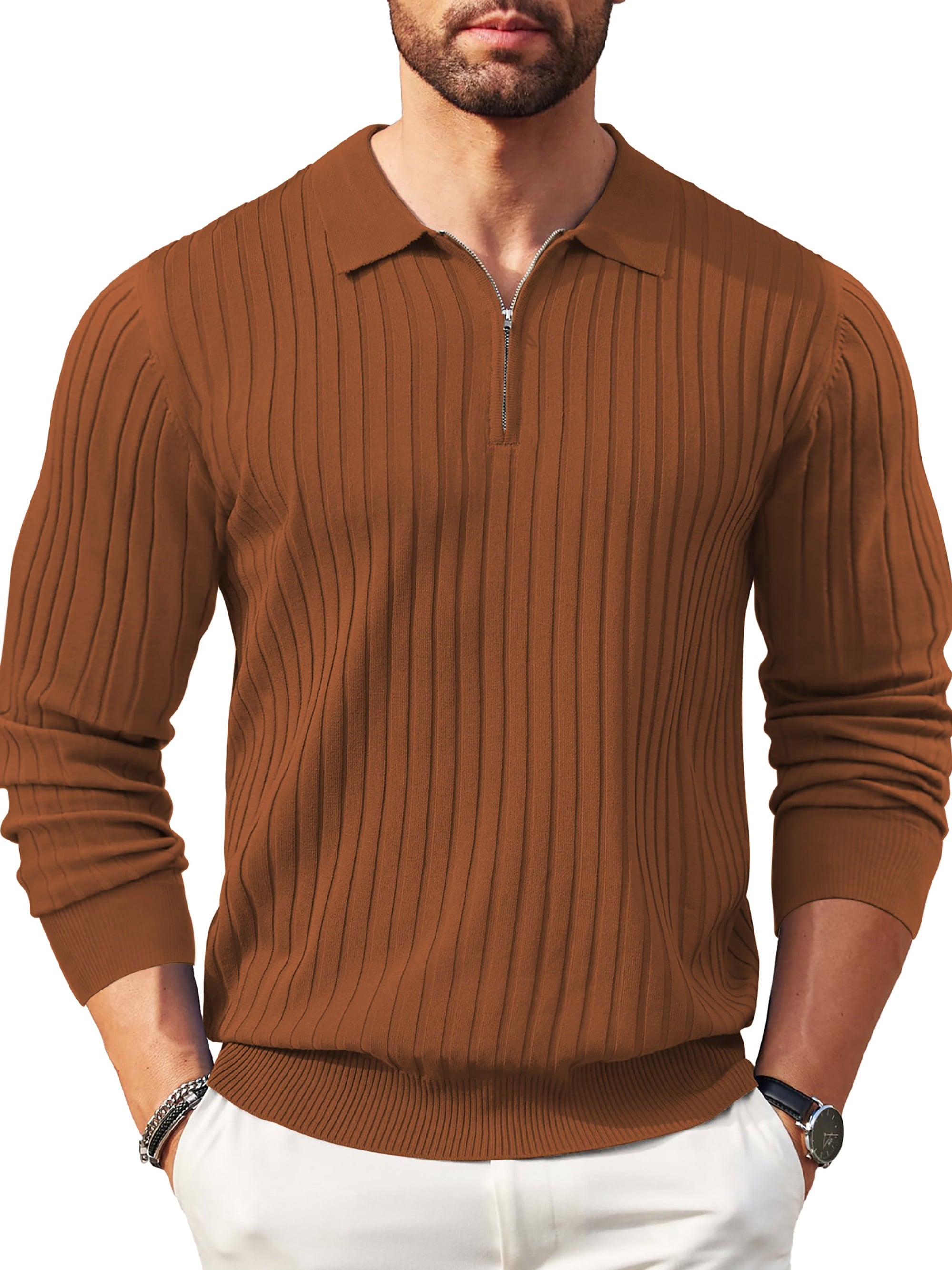 Polo Shirts for Men Casual Long Sleeve Mens Shirts Zipper Ribbed Knit Shirt