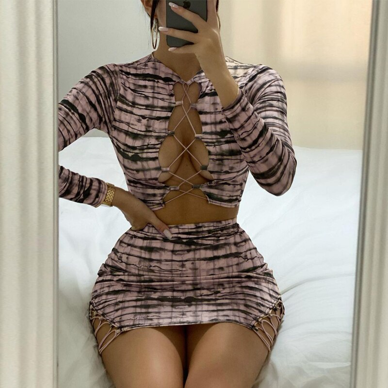 Print Satin Long Sleeve Bandage Crop Top Mini Dress 2 Pieces Set