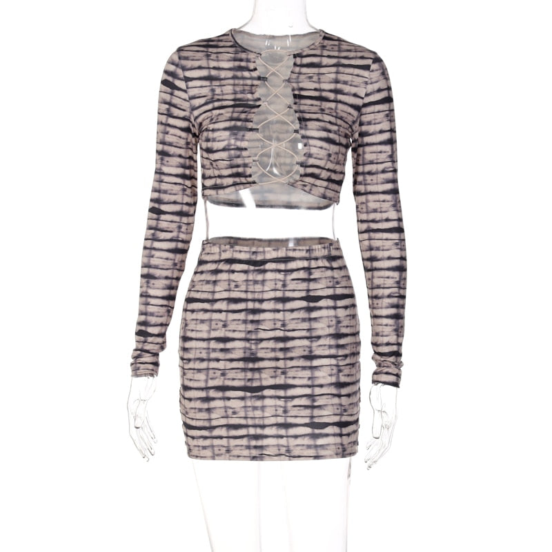 Print Satin Long Sleeve Bandage Crop Top Mini Dress 2 Pieces Set
