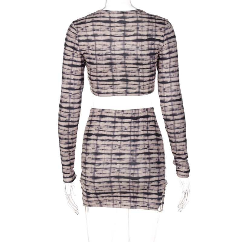 Print Satin Long Sleeve Bandage Crop Top Mini Dress 2 Pieces Set