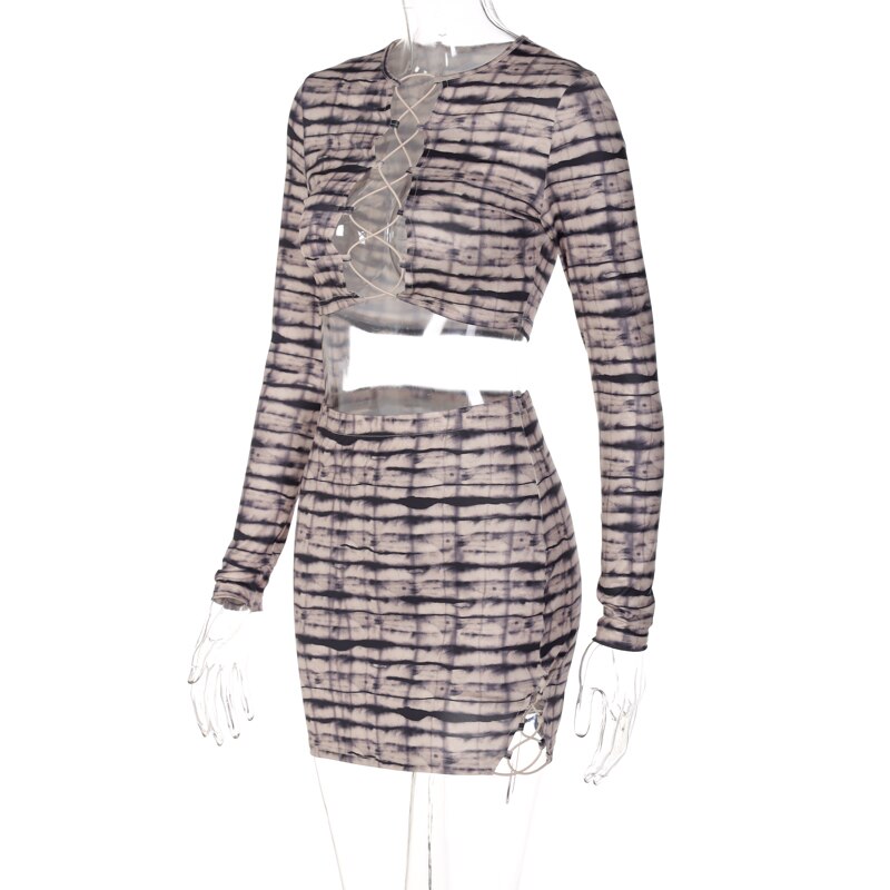 Print Satin Long Sleeve Bandage Crop Top Mini Dress 2 Pieces Set