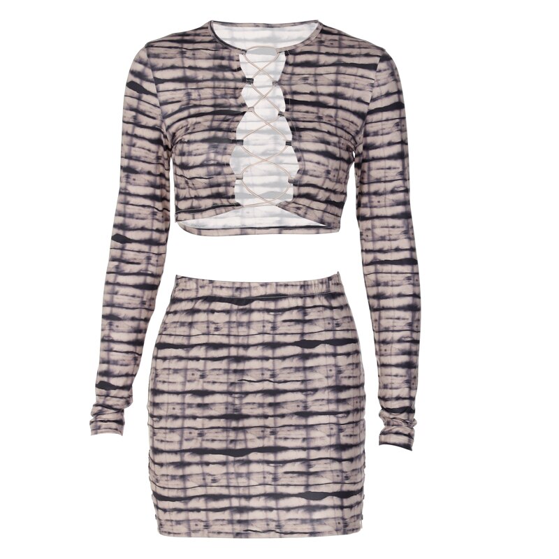 Print Satin Long Sleeve Bandage Crop Top Mini Dress 2 Pieces Set