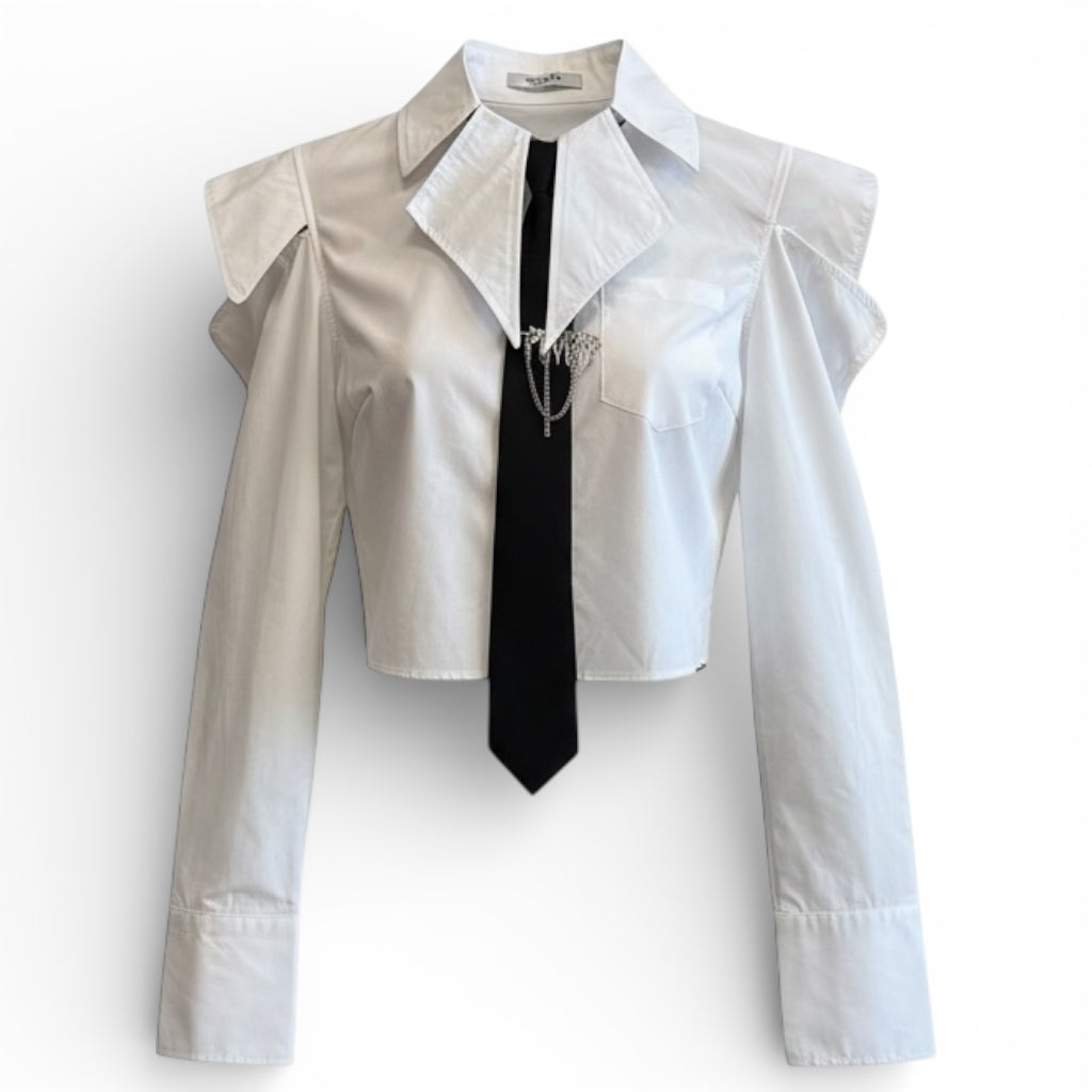Poplin Crop Shirt Top With Black Tie
