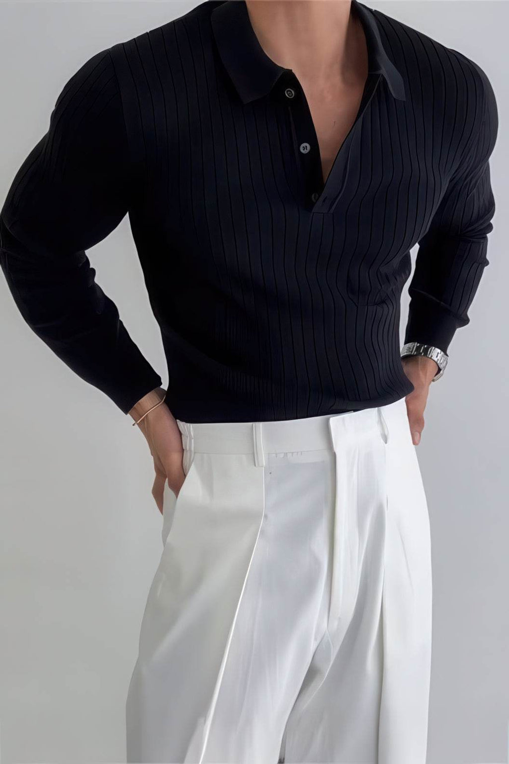 Men's Knit Polo Shirt - Muscle Fit Striped Long Sleeve Top