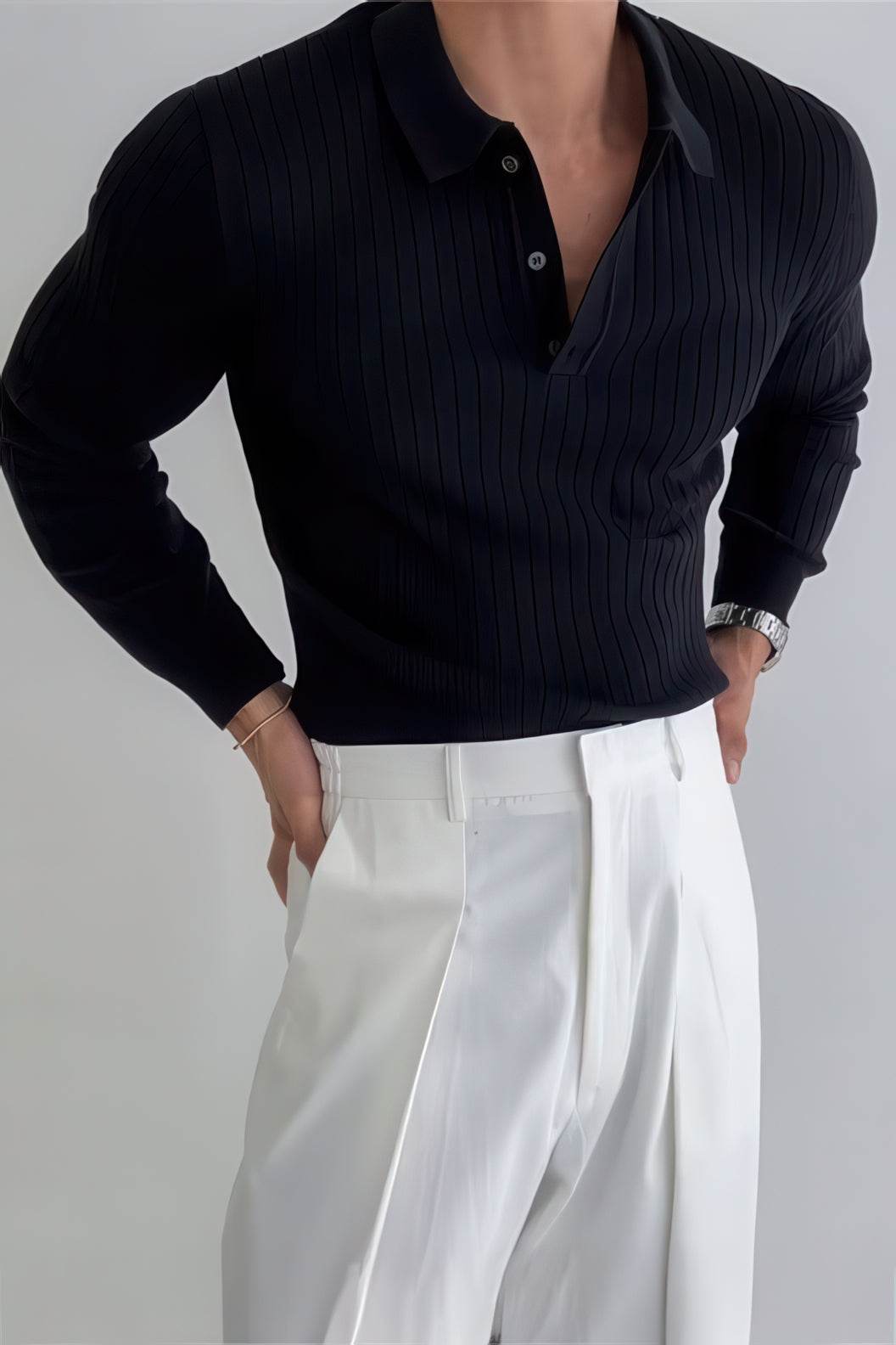 Men's Knit Polo Shirt - Muscle Fit Striped Long Sleeve Top