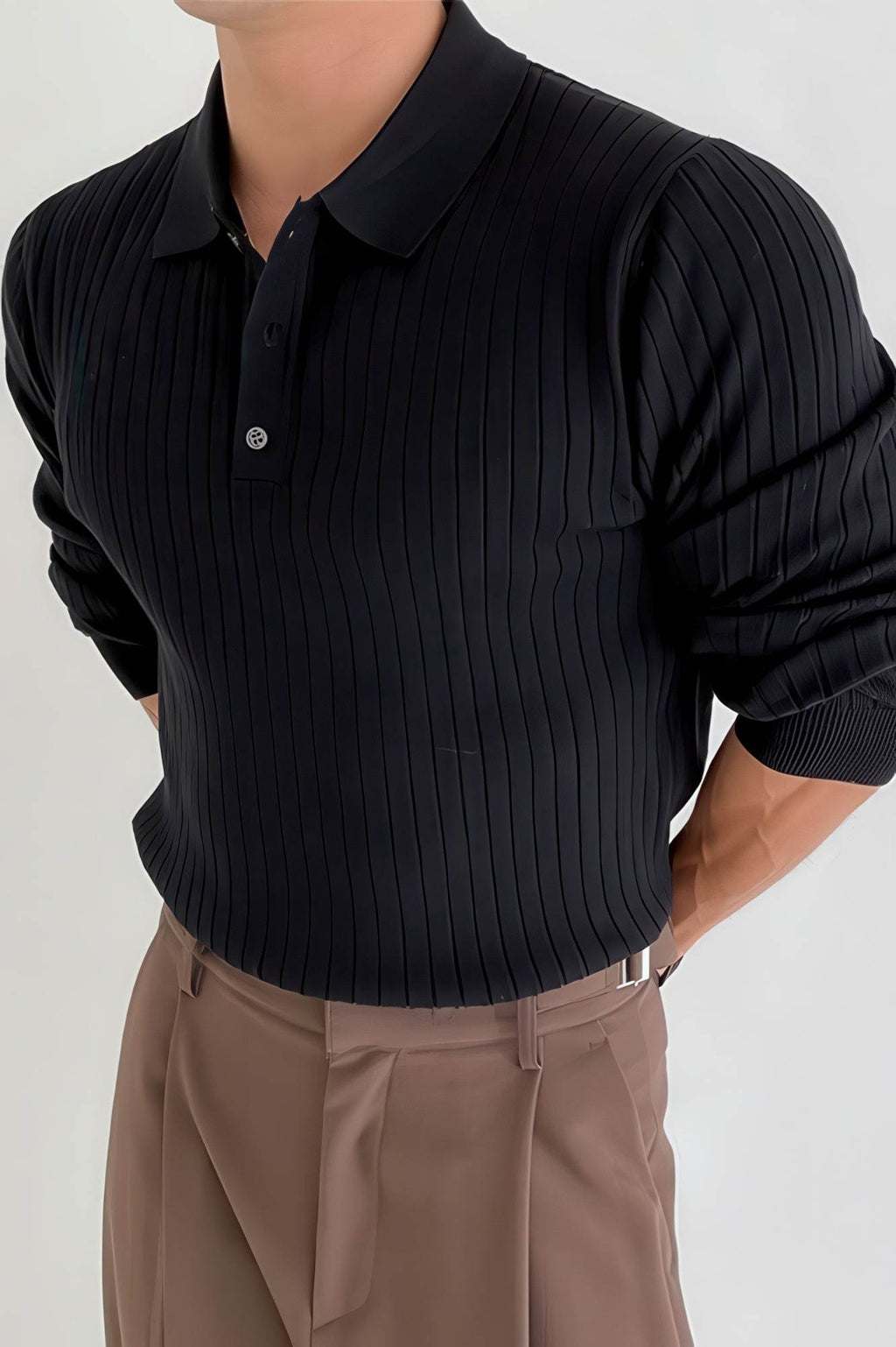 Men's Knit Polo Shirt - Muscle Fit Striped Long Sleeve Top