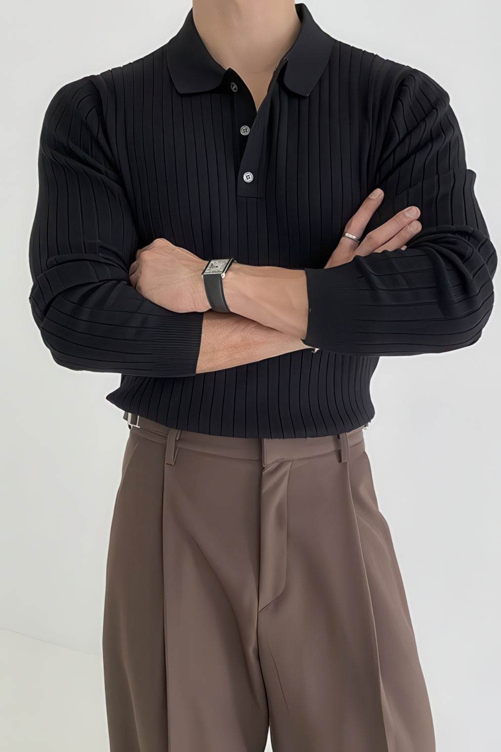 Men's Knit Polo Shirt - Muscle Fit Striped Long Sleeve Top