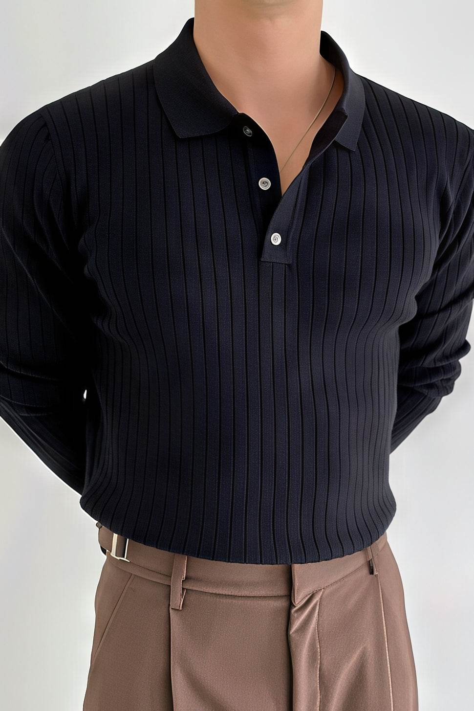 Men's Knit Polo Shirt - Muscle Fit Striped Long Sleeve Top