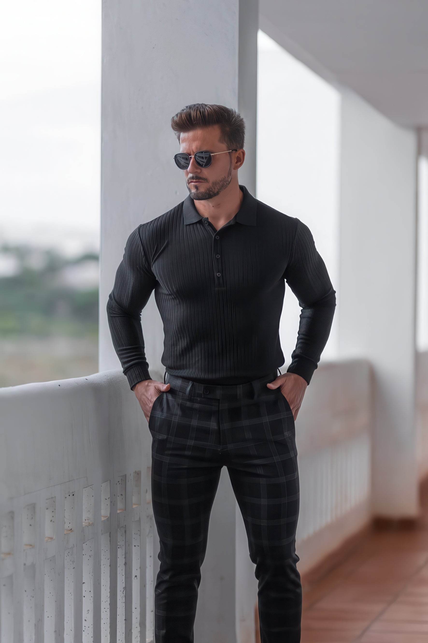Men's Knit Polo Shirt - Muscle Fit Striped Long Sleeve Top