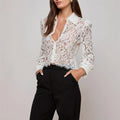 Women Clothing Sexy Lace Polo Collar Top Long Sleeve Tassel Edge Short Transparent Shirt