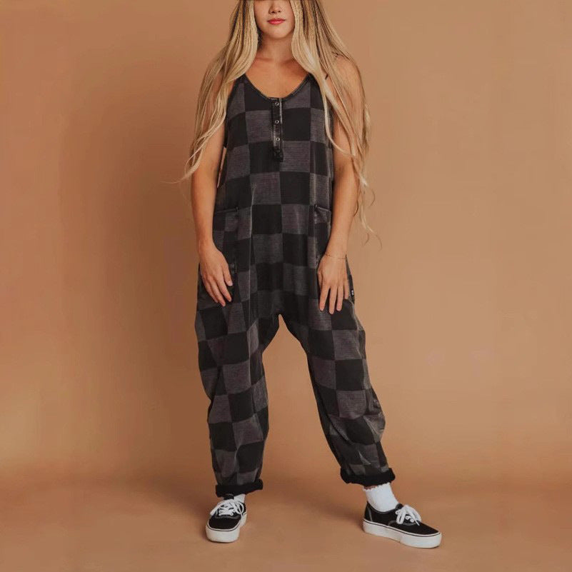 Women Clothing Printed Checks Casual with Big Pockets Jumpsuit Backless Loose