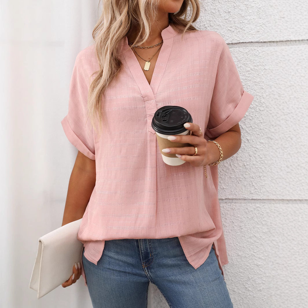 Summer Women V neck Short Sleeve Striped Loose Plaid Shirt
