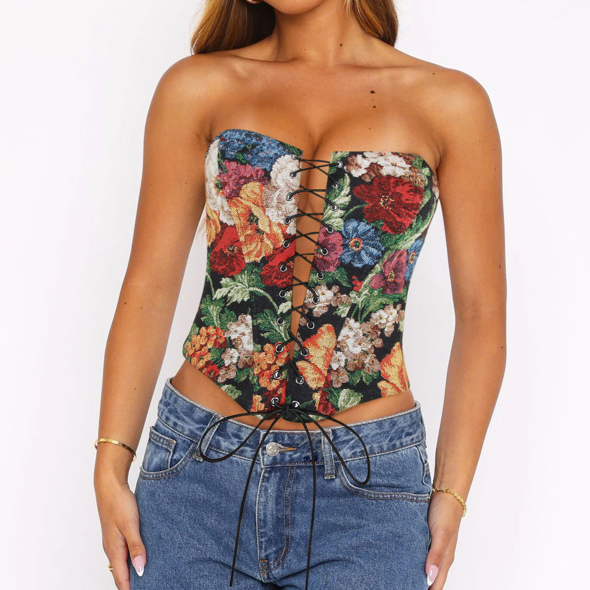 Sexy Tube Top Strap Vest Women Irregular Asymmetric Short Cropped Outfit Printed Boning Corset Bra Sexy Top