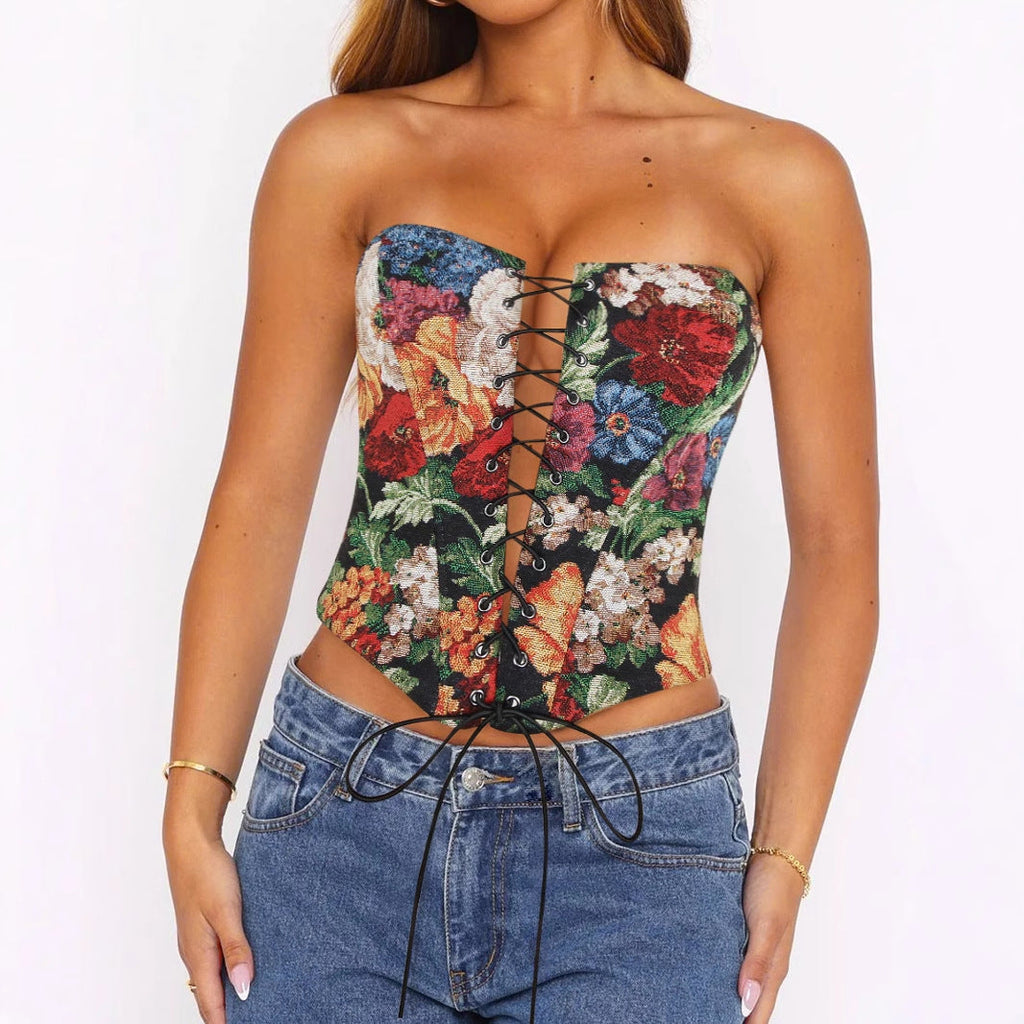 Sexy Tube Top Strap Vest Women Irregular Asymmetric Short Cropped Outfit Printed Boning Corset Bra Sexy Top