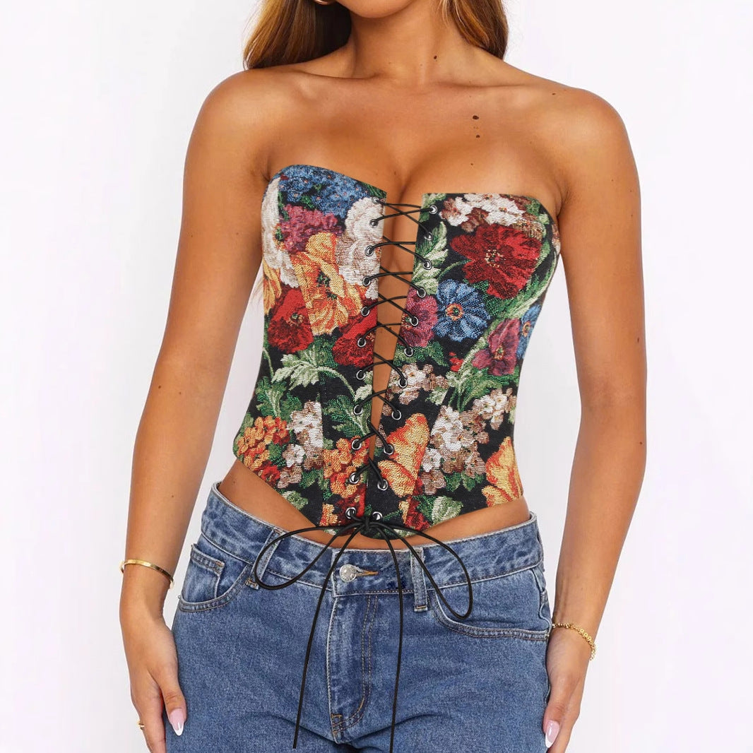 Sexy Tube Top Strap Vest Women Irregular Asymmetric Short Cropped Outfit Printed Boning Corset Bra Sexy Top