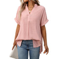 Summer Women V neck Short Sleeve Striped Loose Plaid Shirt