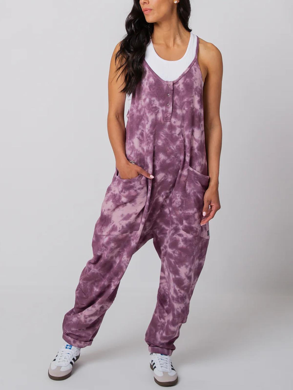 Women Clothing Printed Checks Casual with Big Pockets Jumpsuit Backless Loose