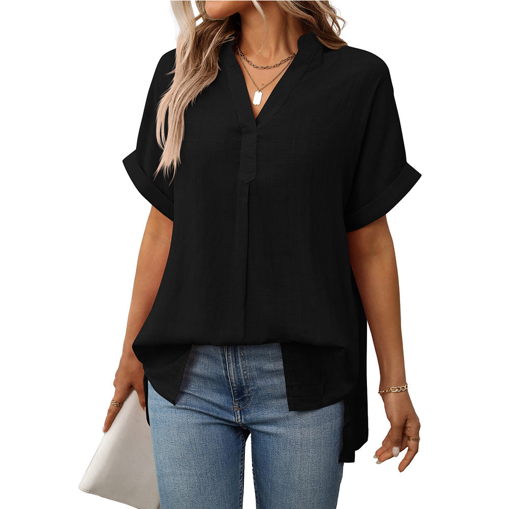 Summer Women V neck Short Sleeve Striped Loose Plaid Shirt