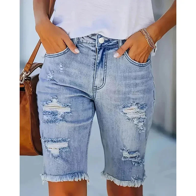 Women Chic Slim Fit Thin Shorts Lady Ripped Designer High Waist Denim Shorts