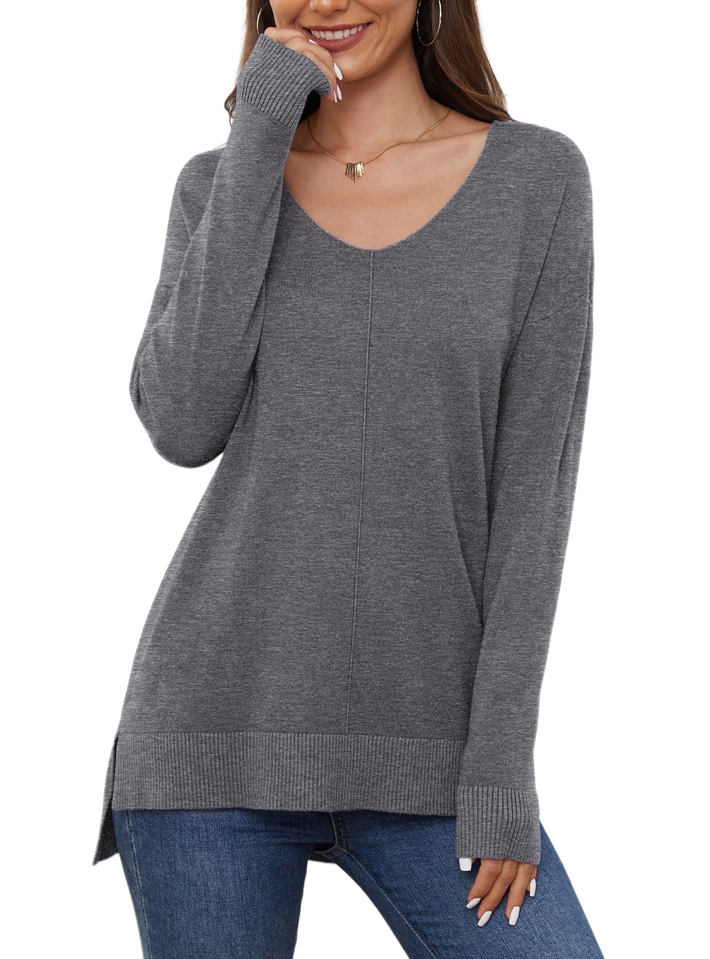 V Neck Sweaters for Women Lightweight Knit Pullover Sweater,Us Size S-2XL in Gray
