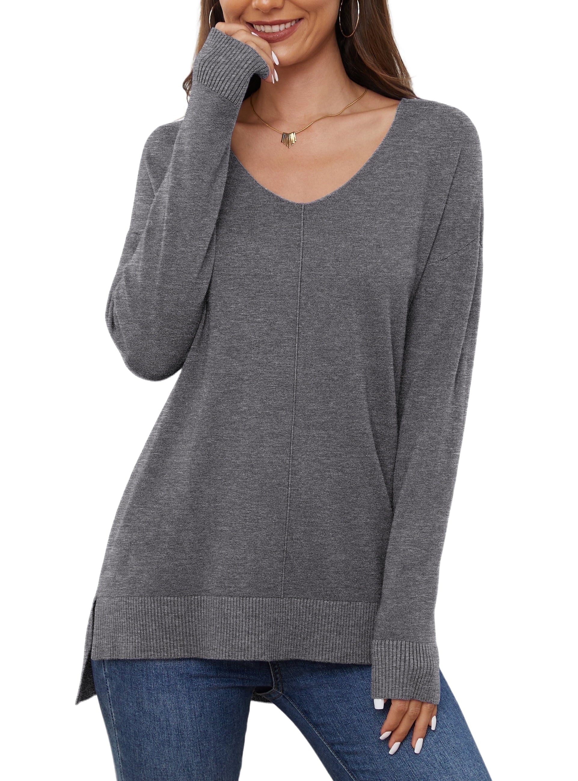 V Neck Sweaters for Women Lightweight Knit Pullover Sweater,Us Size S-2XL in Gray