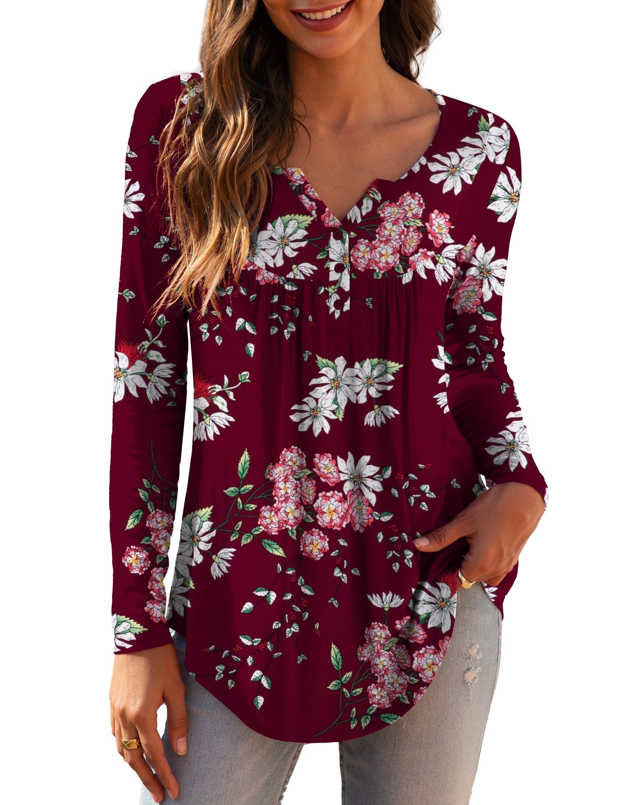 Womens plus Size Long Sleeve Tunic Tops Casual Floral Henley Shirts M-4X