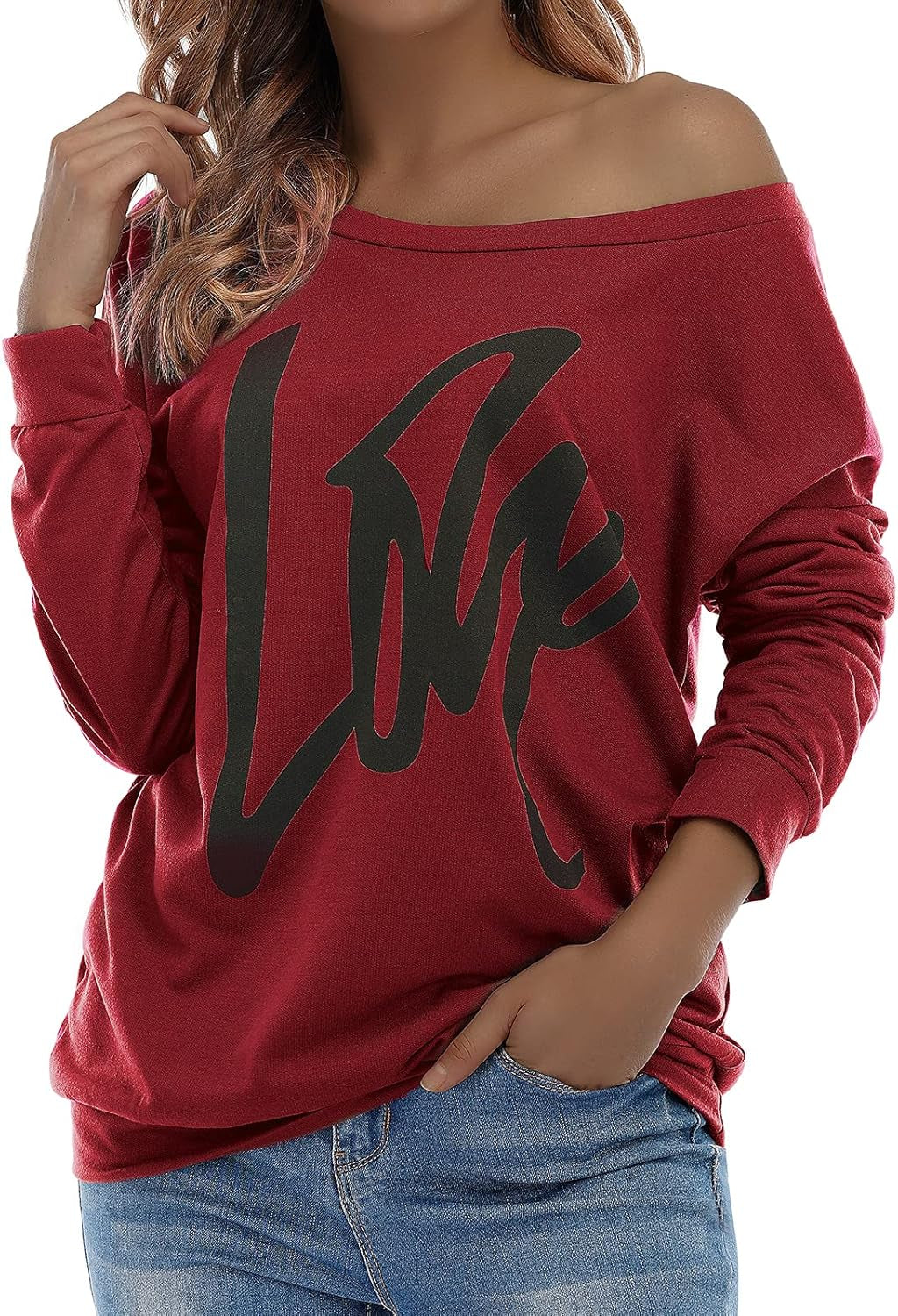 Womens Sweatshirt Love Letter Printed Long Sleeve Pullover off Shoulder Shirt Oversized Top