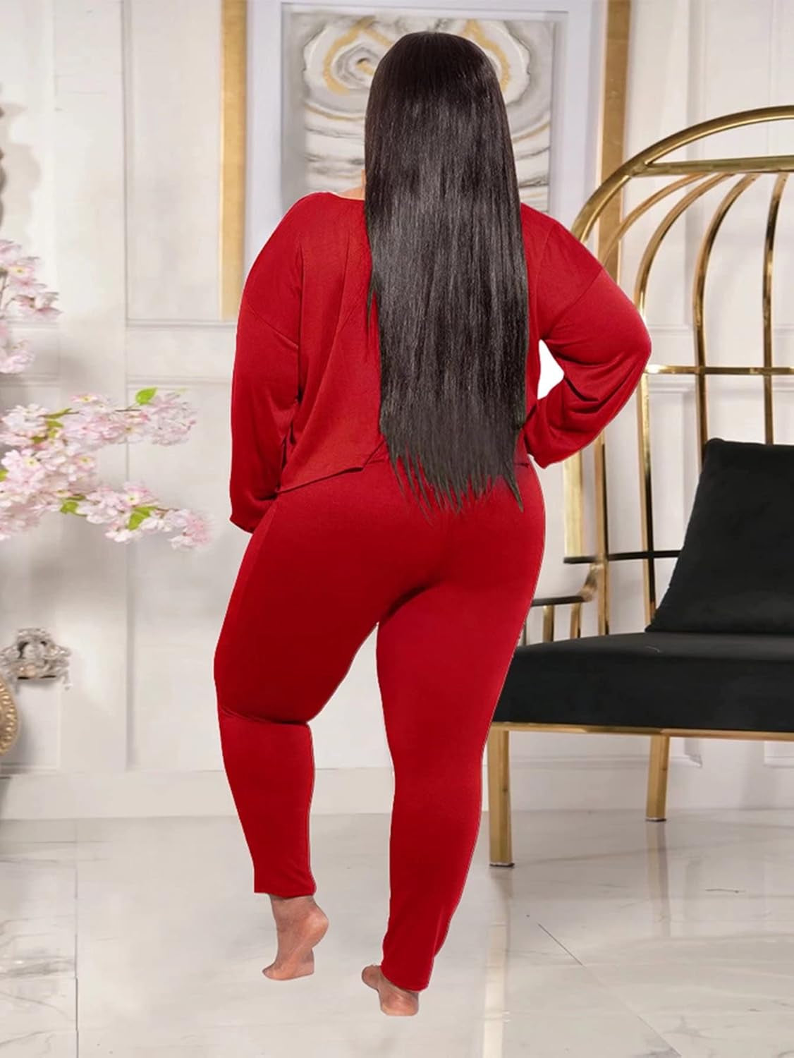 Plus Size 2 Piece Outfits for Women Sexy Clubwear off Shoulder Long Sleeve Shirt Bodycon Pants Sets Tracksuit Casual Red XXL
