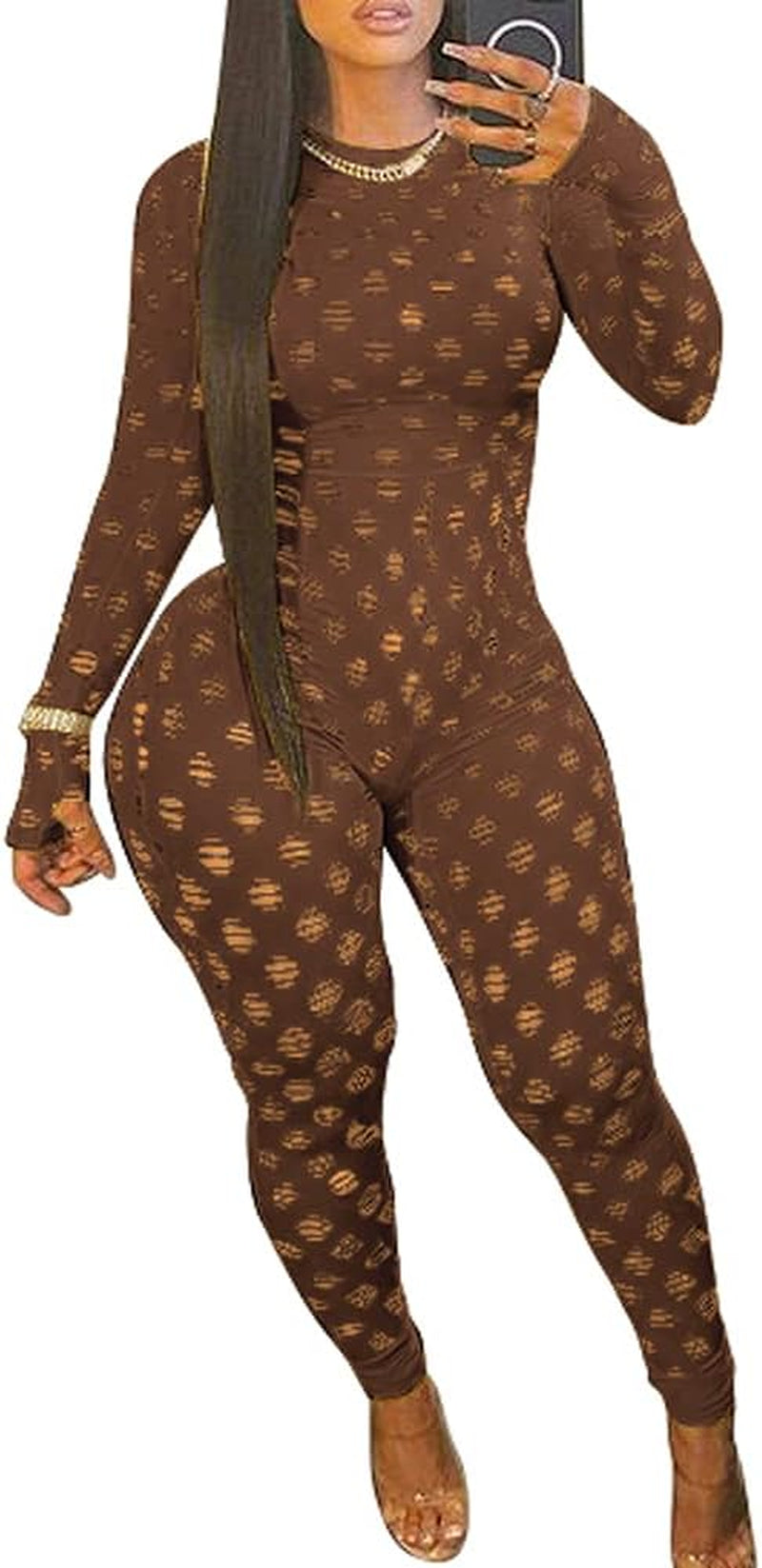 Sexy Bodycon Jumpsuits See through Mesh Lace Hollow Out One Piece Club Outfits Clubwear Coffee Small