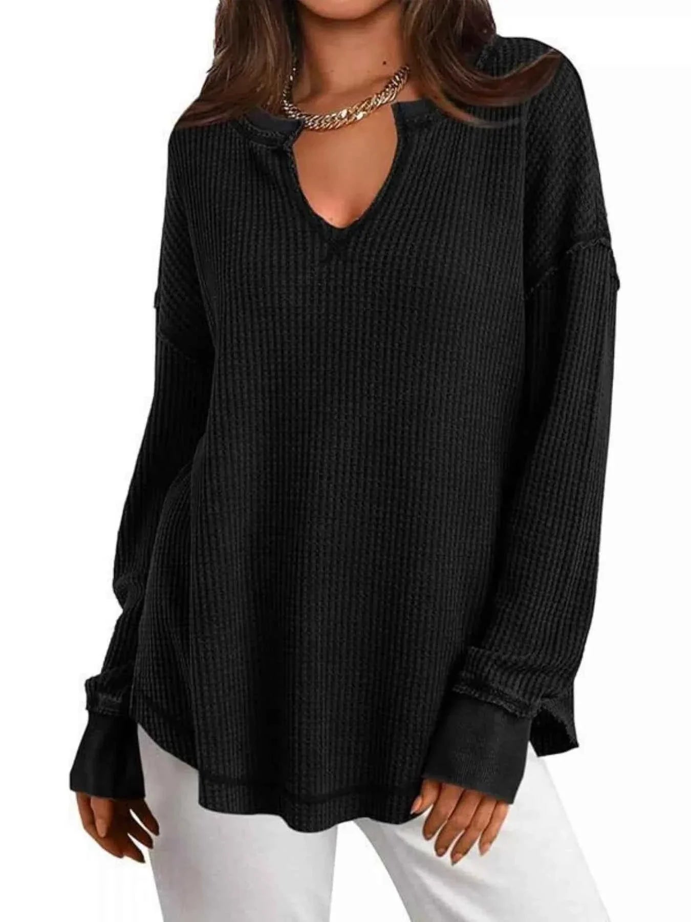 Slit Notched Long Sleeve T-Shirt