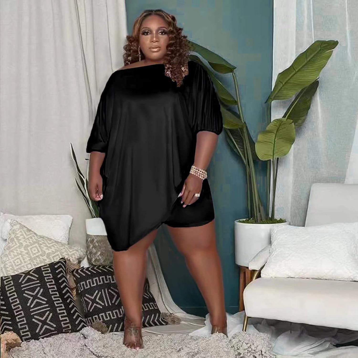 Women plus Size 2 Piece Outfits Short Sleeve Slant Tops Bodycon Shorts Set Tracksuits