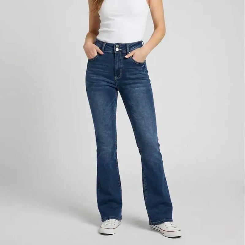 70562-Women'S High Rise Bootcut Jeans, Double-Button Denim Pants for Comfortable Style, Distressed Back Pocket Slim Fit