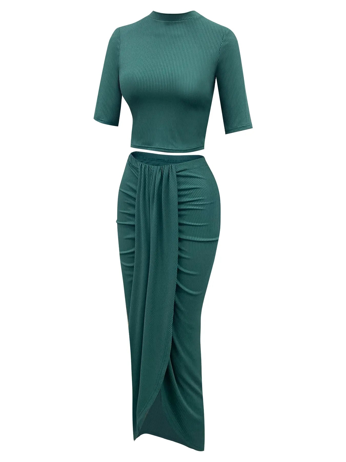 Women'S Knitted Slim-Fit Short Sleeve Top & Asymmetrical Hem Midi Skirt Set, Sexy Summer, 2 Piece Set, Moderate Fabric Thickness, Womenswear