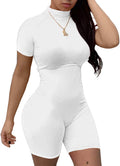 Short Sleeve Rompers Women Turtle Neck Bodysuit with Zipper Bodycon Biker Shorts Sportswear White L