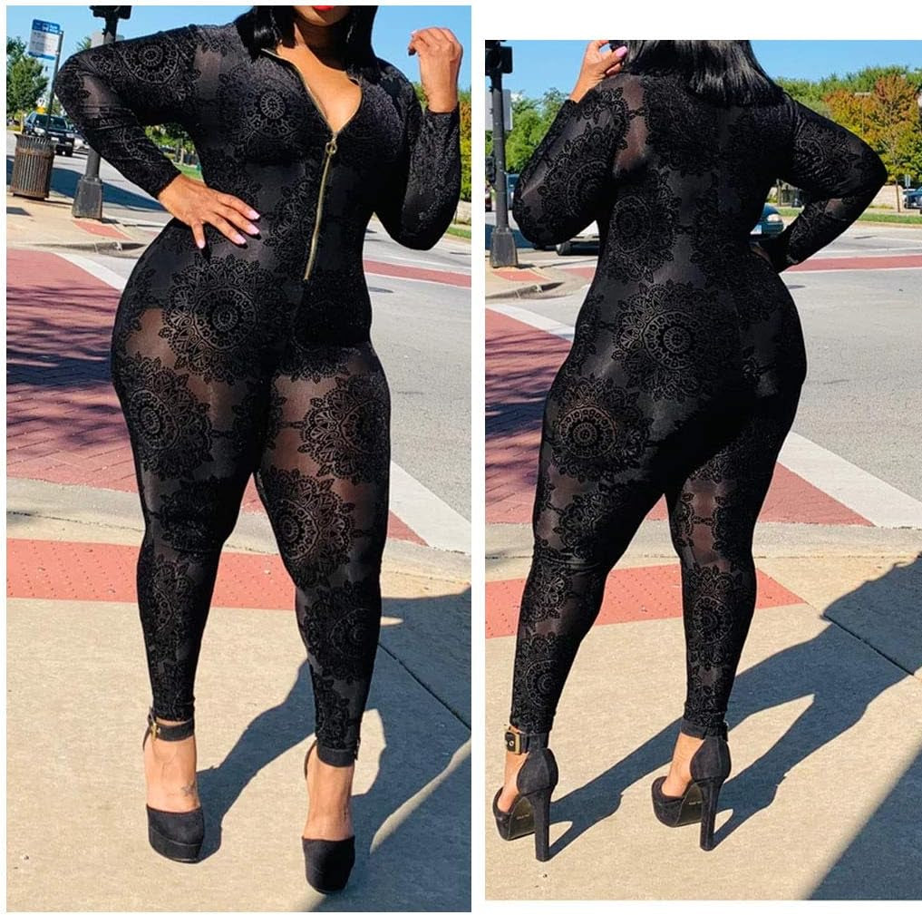 Women'S Sexy plus Size See through Jumpsuit Sheer Mesh Bodycon Floral Jumpsuit plus Size Clubwear Rompers