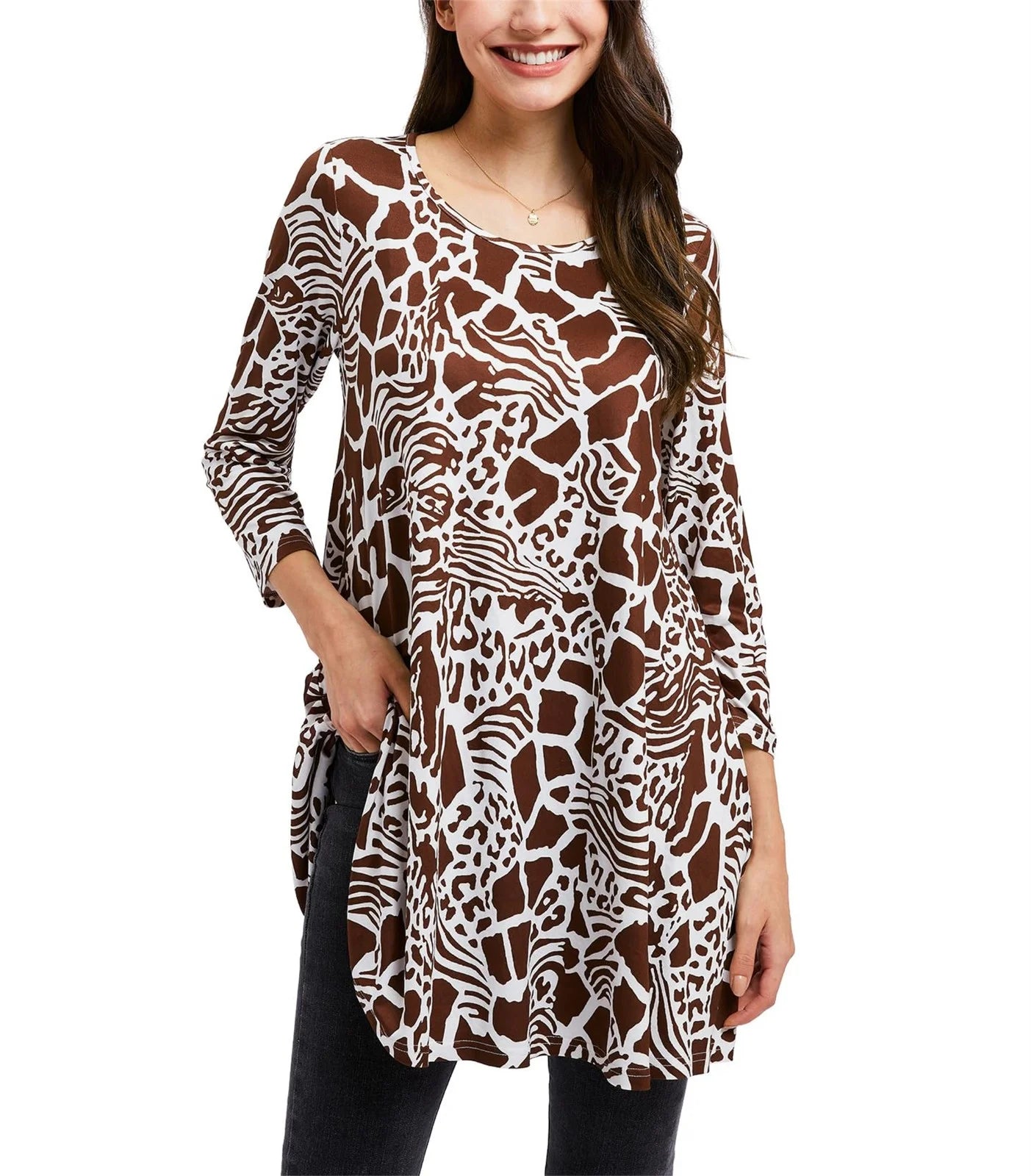 Women'S 3/4 Sleeve Tunic Tops Loose Fit plus Size Blouses Casual Swing Shirts Brown Tee L