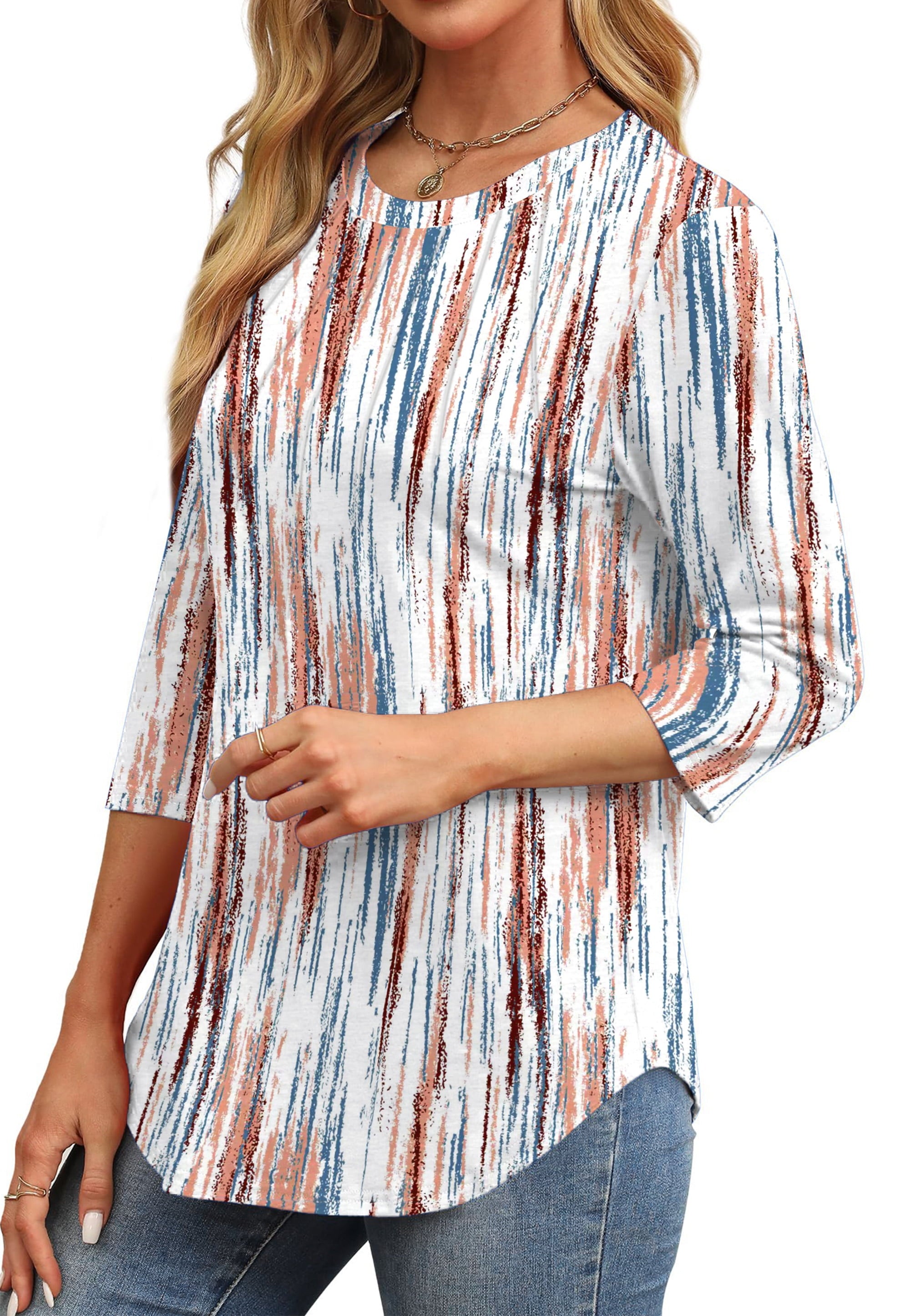 Womens plus Size Tops 3/4 Sleeve Pleated Dressy Blouses Crew Neck Casual Tunic Tops Summer Shirts