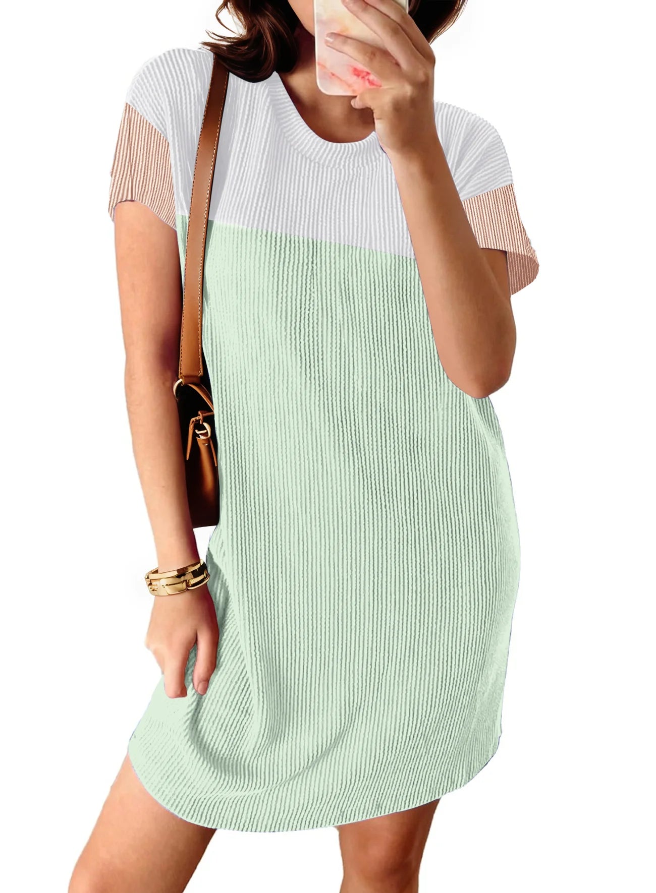 Summer Color Block Dresses for Women Crewneck Short Sleeve T Shirts Dress Ribbed Dresses with Pockets