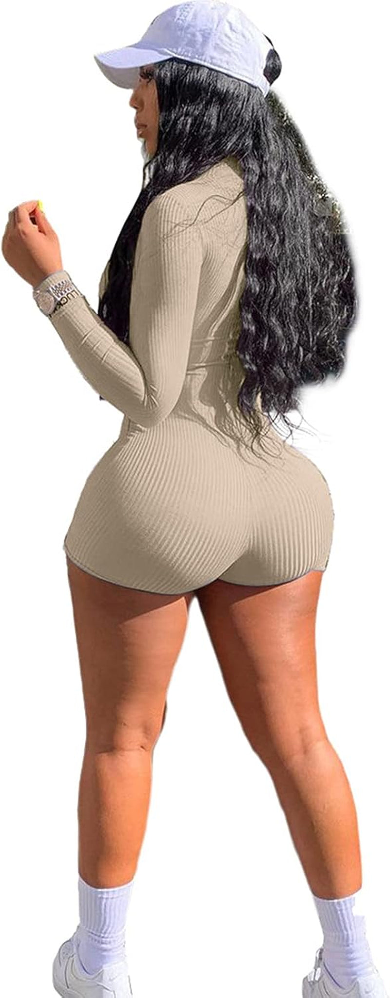 Women Bodycon Jumpsuit Rompers Sexy Long Sleeve Zipper Rib Thumb Hole Stretchy 1 Piece Outfits Bodysuit Beige 2X