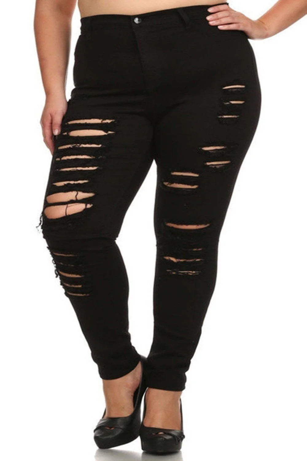 Womens plus Size Stretch Distressed Ripped Skinny Black Denim Jeans Pants (L0023XL)