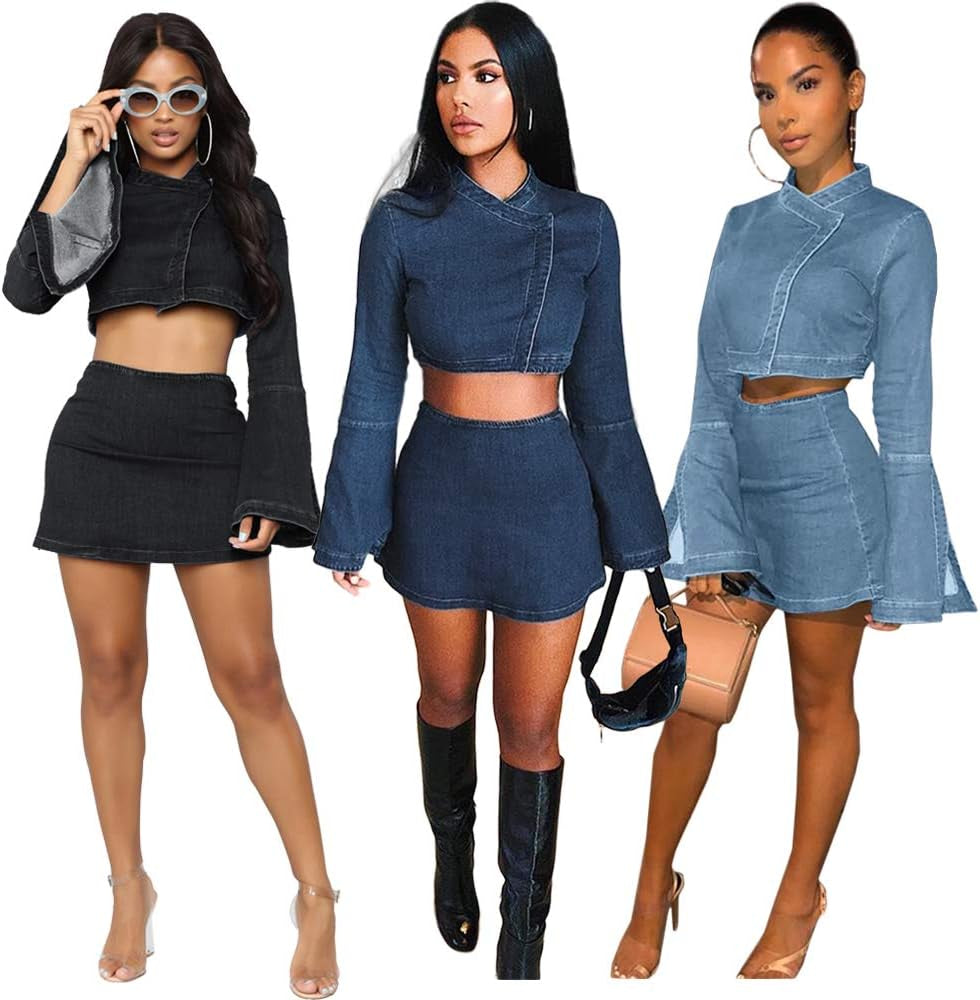Women 2 Piece Bodycon Shorts-Sexy Nightclub Party Denim Jumpsuit Rompers Long Sleeve Crop Top Mini Jeans Skirt Set
