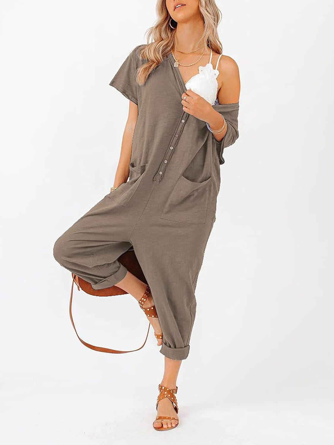 Oversize Women'S One Piece Button up Jumpsuit Casual Loose Short Sleeve V Neck Long Pants Rompers