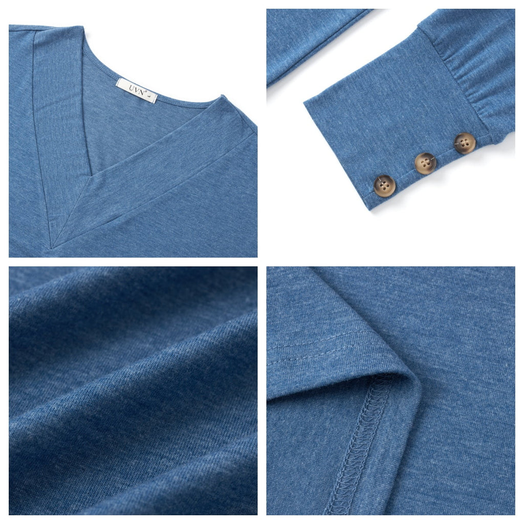 Fall Blouses for Women V Neck Dressy Casual Shirts Loose Fit Long Sleeve Button Tops