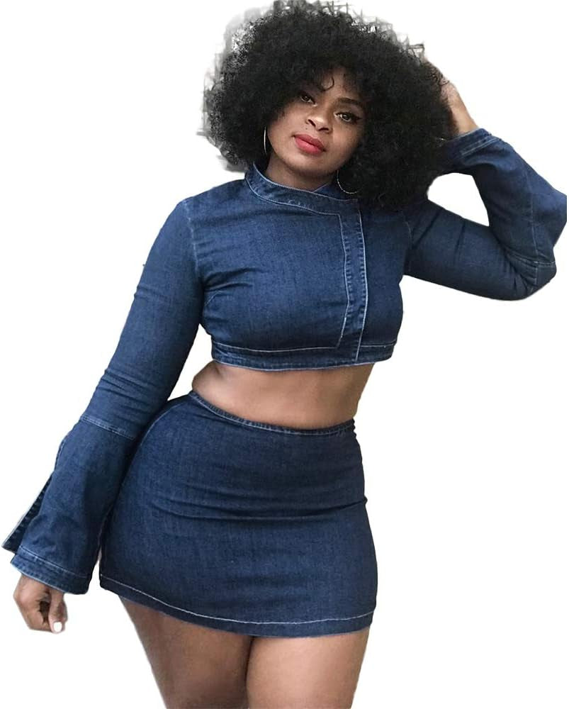 Women 2 Piece Bodycon Shorts-Sexy Nightclub Party Denim Jumpsuit Rompers Long Sleeve Crop Top Mini Jeans Skirt Set