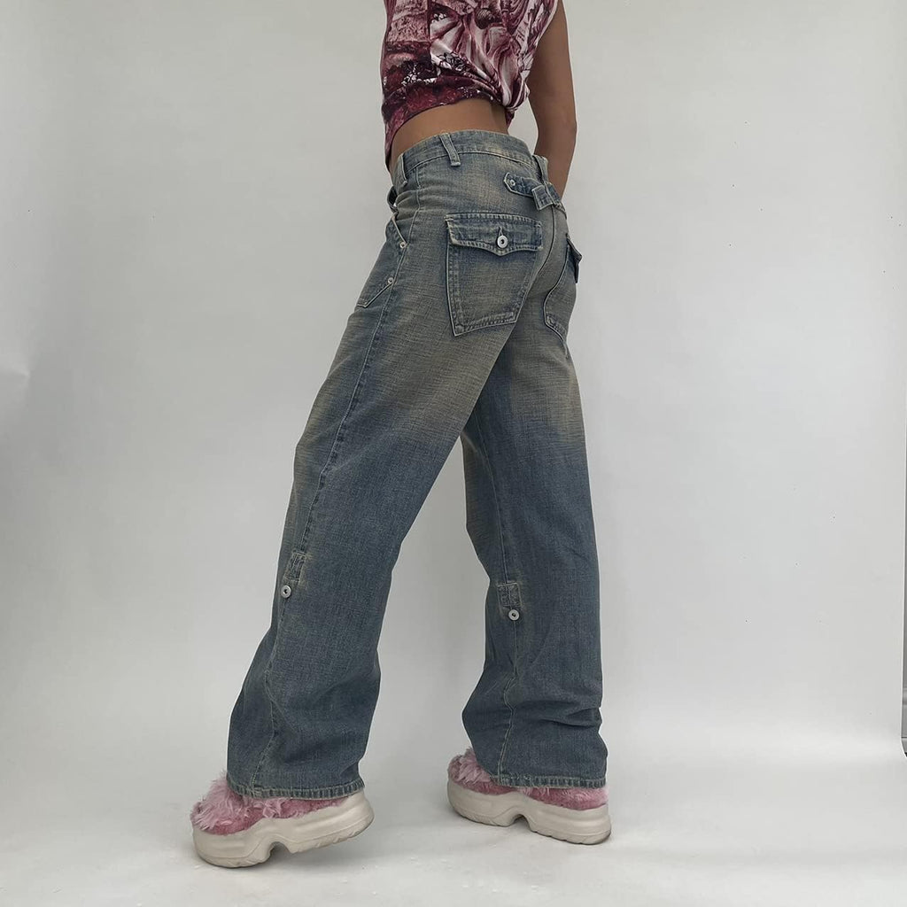 Women Low Waisted Wide Leg Denim Jeans Aesthetic Vintage Baggy Pockets Pants Casual Trousers Y2K E-Girl Streetwear Small