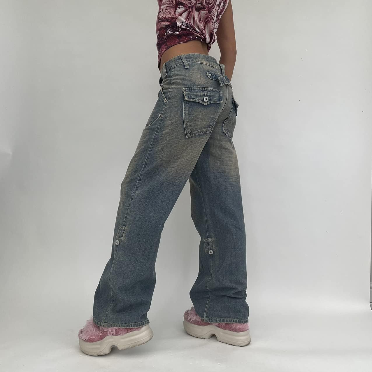 Women Low Waisted Wide Leg Denim Jeans Aesthetic Vintage Baggy Pockets Pants Casual Trousers Y2K E-Girl Streetwear Small
